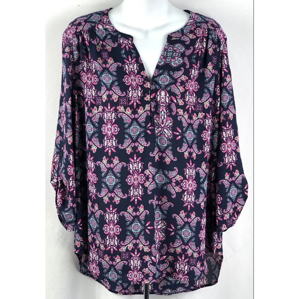 Flowy Butterfly Top XL Blue/Pink Glitter Band Collar V-Neck Boho Psychedelic